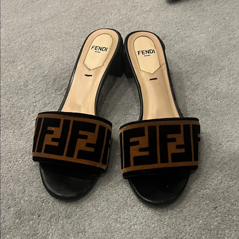 Fendi Black and Brown Velvet Logo Slide Sandals